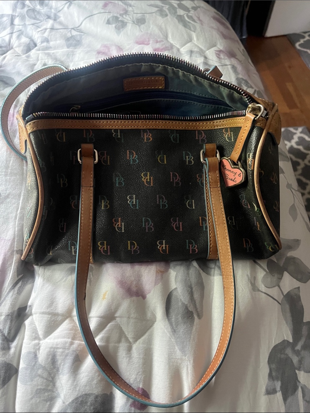 Dooney & Bourke Black Multicolor DB Logo Satchel with Tan Trim